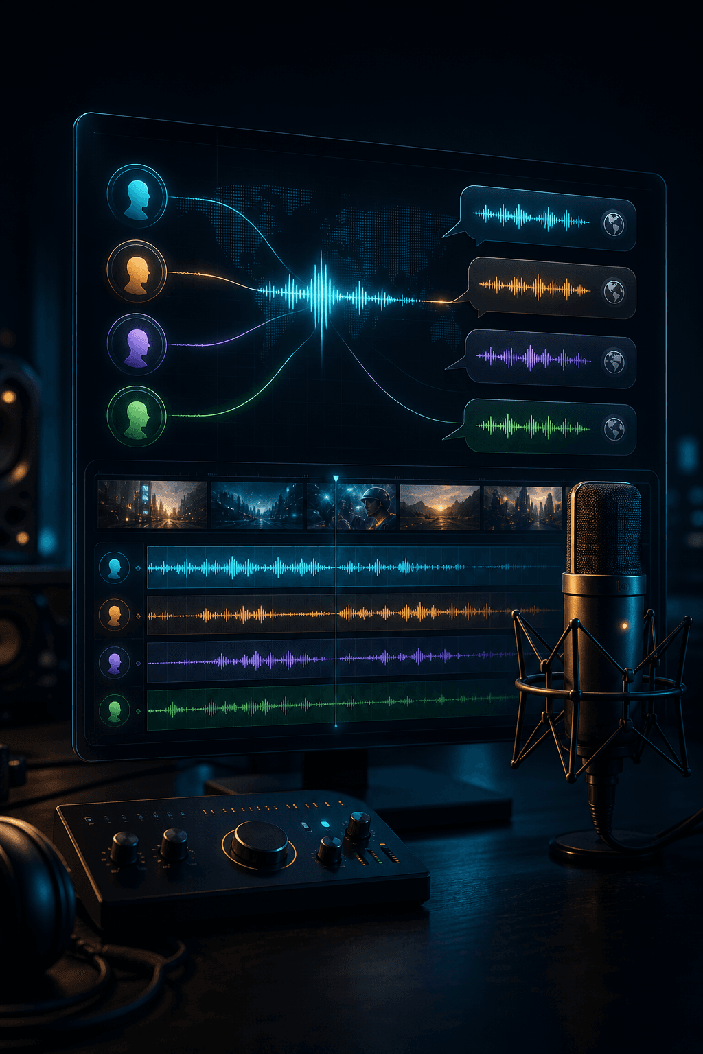 AI dubbing workspace with layered voice waveforms